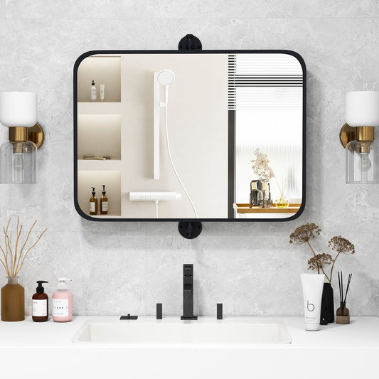 30 x 22 Inch Black Metal Framed Pivot Rectangle Wall-Mounted Mirror, Black - Gallery Canada