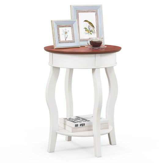 2-Tier Round End Table with Storage Shelf and Solid Rubber Wood Legs, Walnut & White
