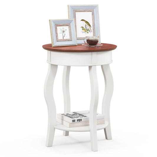 2-Tier Round End Table, Storage Shelf, Rubber Wood Legs, Walnut & White, Gray