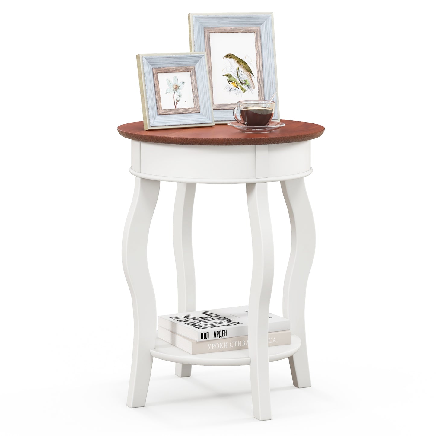 2-Tier Round End Table with Storage Shelf and Solid Rubber Wood Legs-Walnut & White, Walnut & Gray End & Side Tables at Gallery Canada