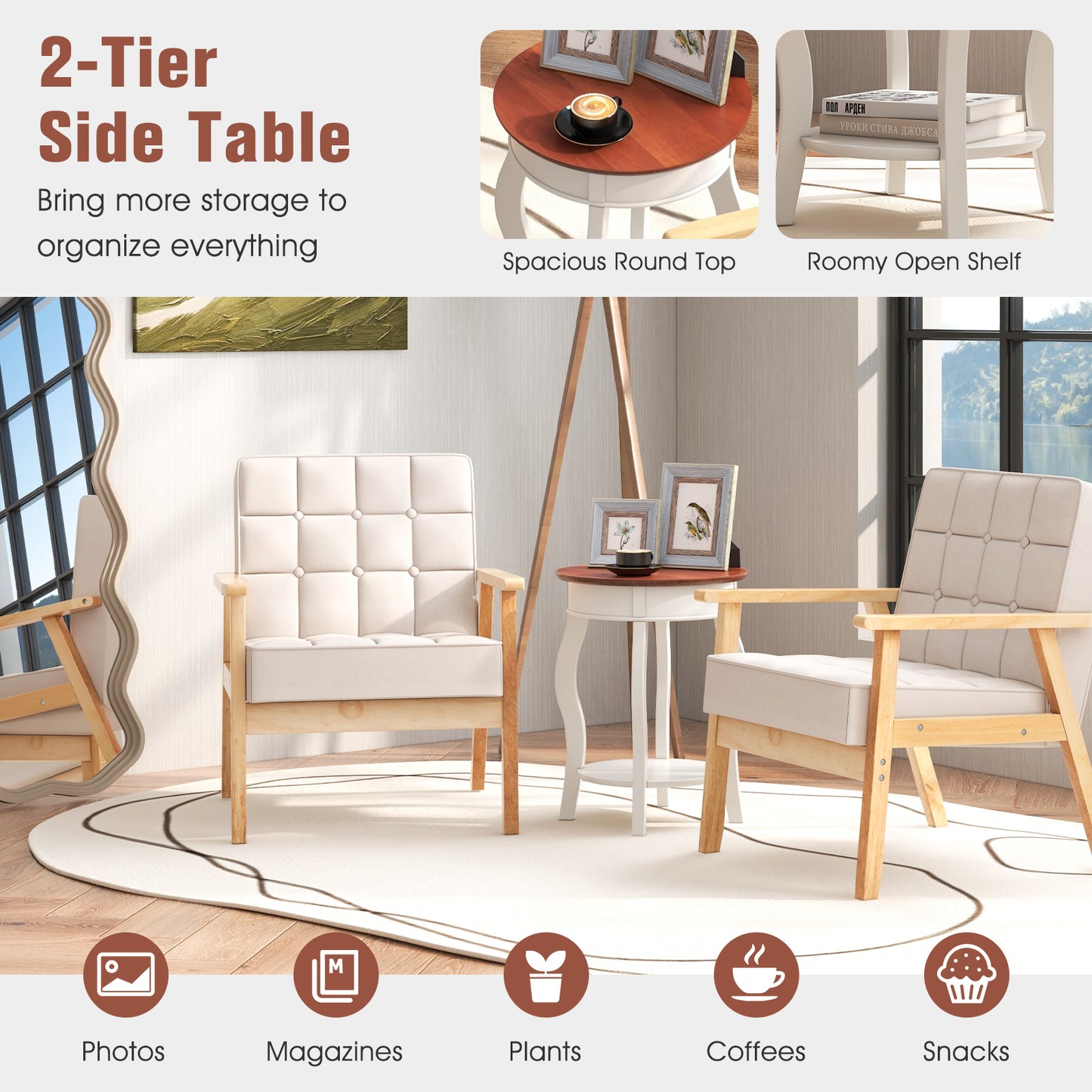 2-Tier Round End Table with Storage Shelf and Solid Rubber Wood Legs-Walnut & White, Walnut & Gray End & Side Tables at Gallery Canada