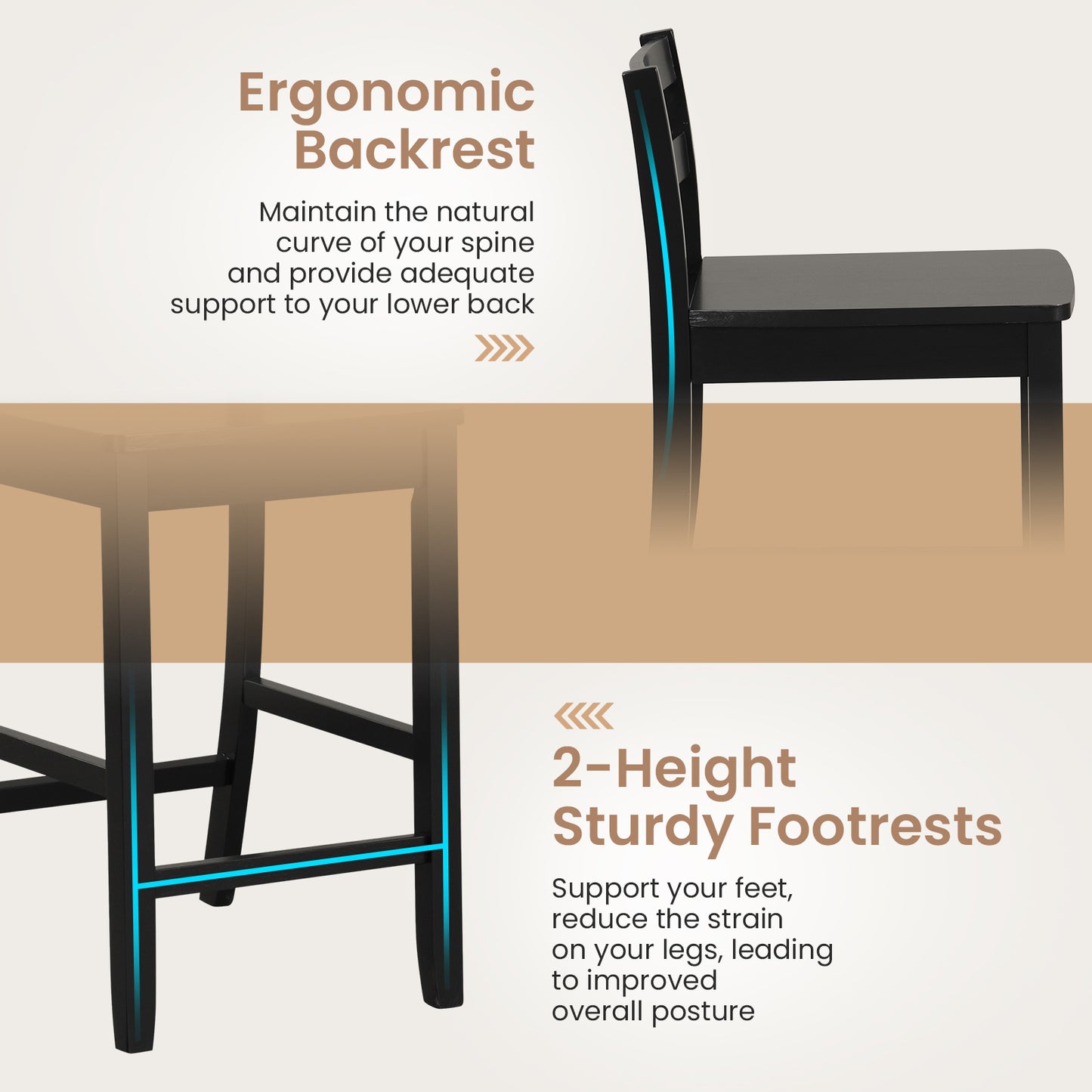 Wooden Bar Stools Set of 2 with Ergonomic Backrest and Footrest, Black Bar Stools at Gallery Canada