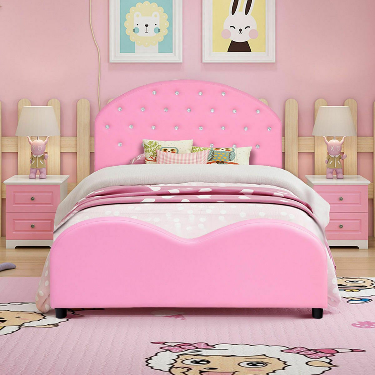 Twin Size Upholstered Platform Toddler Bed with Wood Slat Support, Pink at Gallery Canada