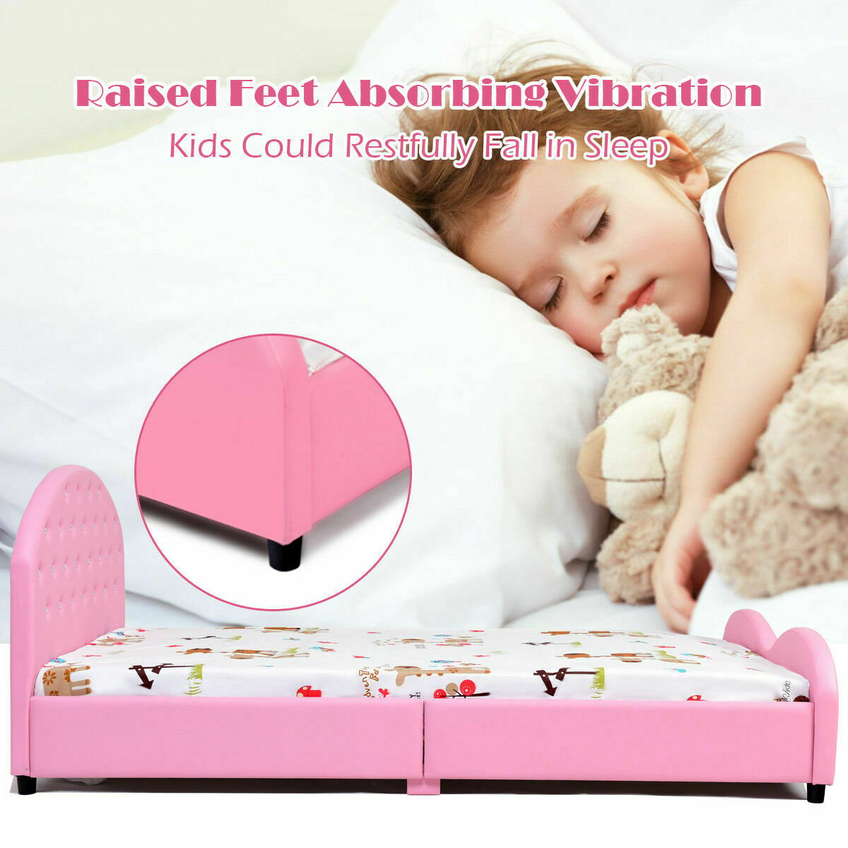 Twin Size Upholstered Platform Toddler Bed with Wood Slat Support, Pink at Gallery Canada