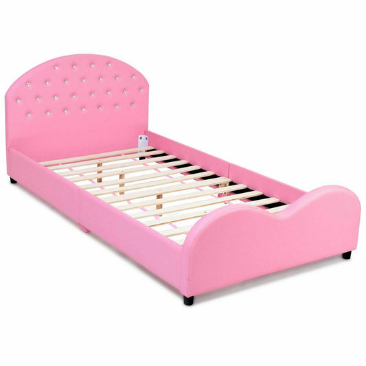 Twin Size Upholstered Platform Toddler Bed with Wood Slat Support, Pink - Gallery Canada