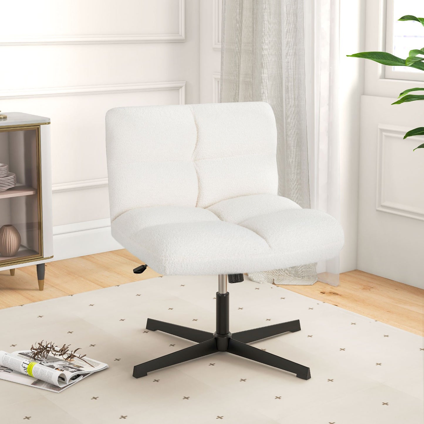 Office Armless Chair Cross Legged with Imitation Lamb Fleece and Adjustable Height, Beige