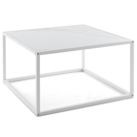 Modern Glass Square Coffee Table with Metal Frame for Living Room, White - Gallery Canada