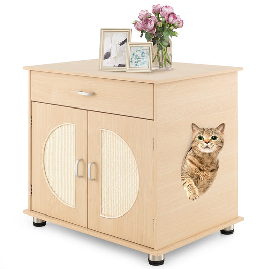 Cat Litter Box Enclosure with Sisal Scratching Doors and Storage, Natural