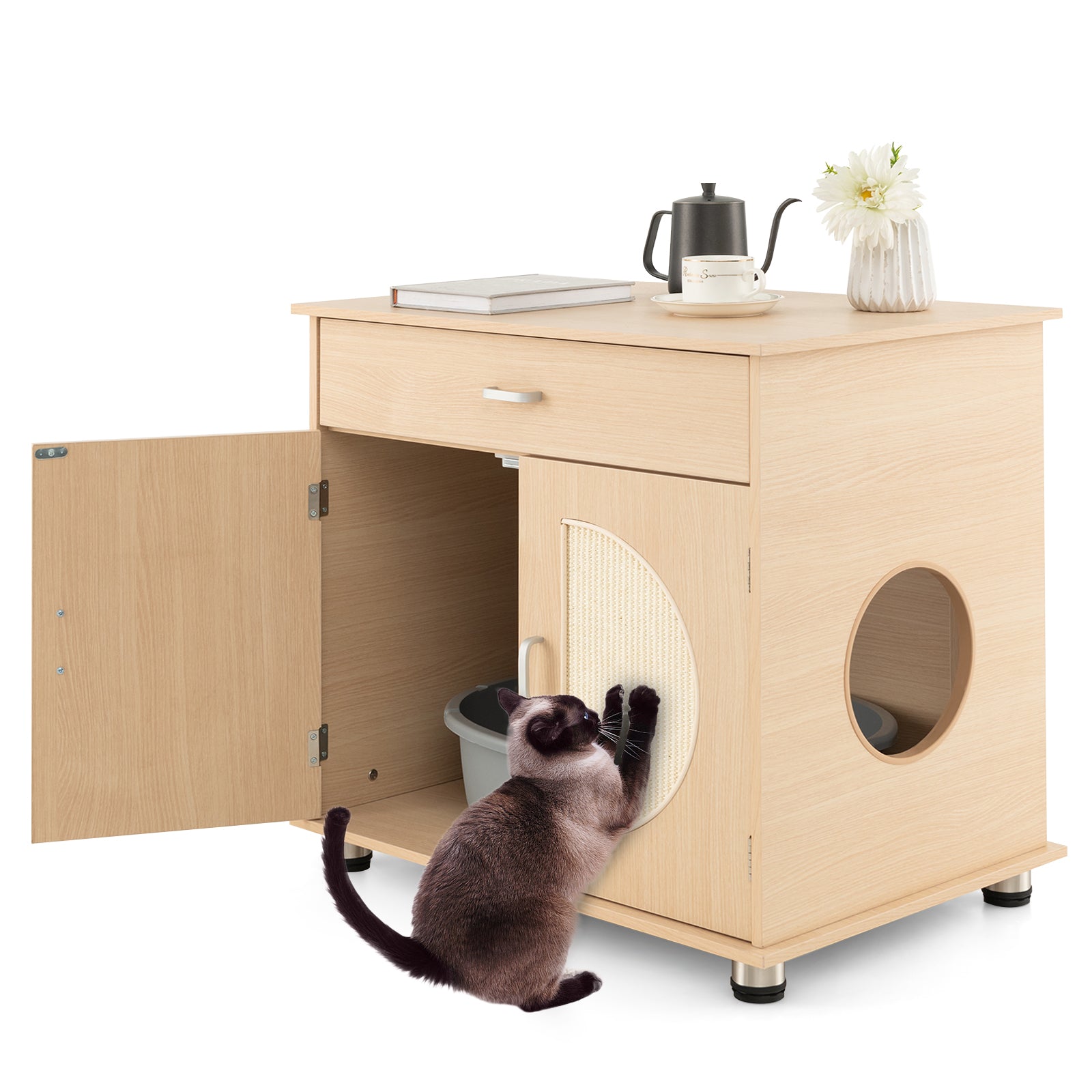 Cat Litter Box Enclosure with Sisal Scratching Doors and Storage, Natural Cat Houses at Gallery Canada