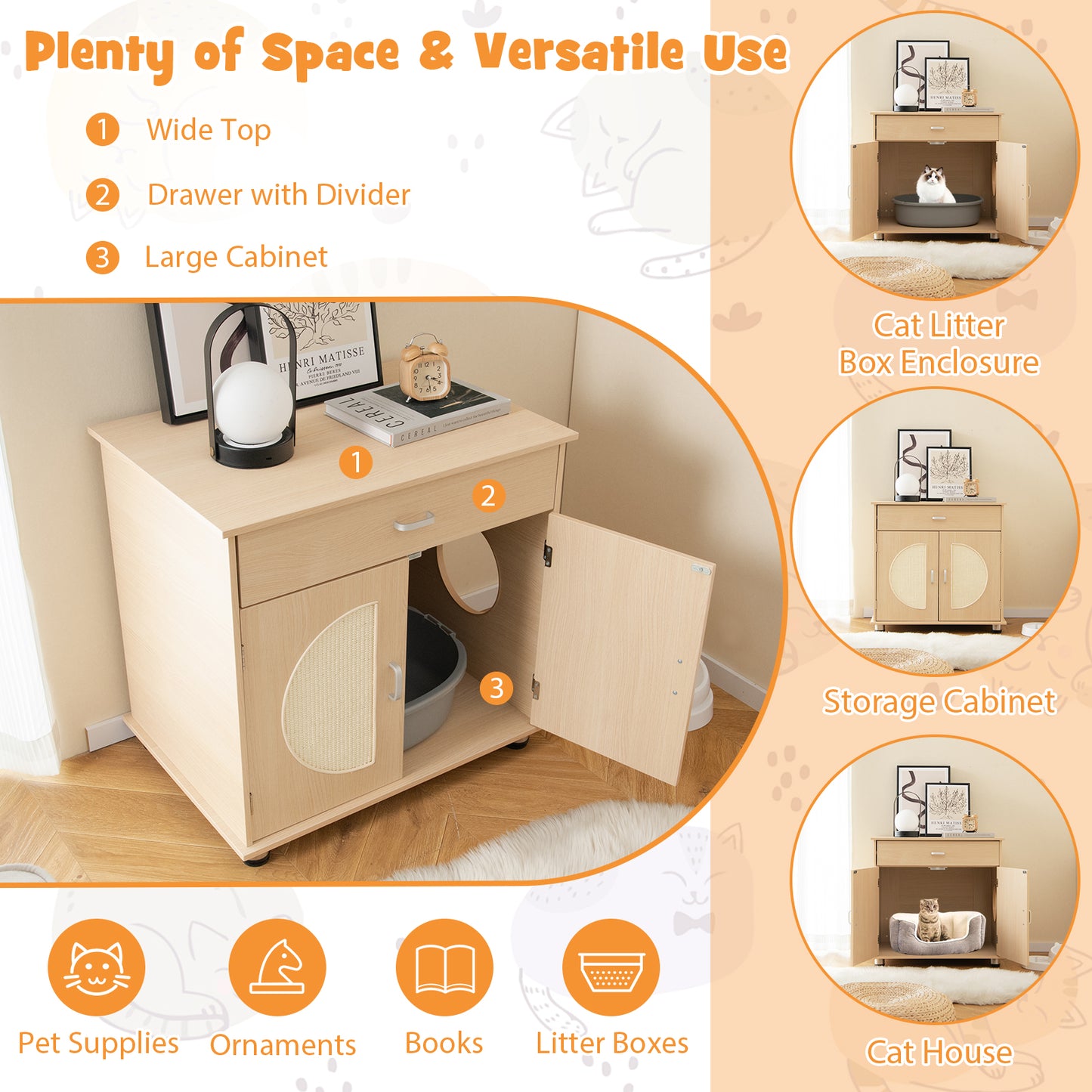 Cat Litter Box Enclosure with Sisal Scratching Doors and Storage, Natural Cat Houses at Gallery Canada