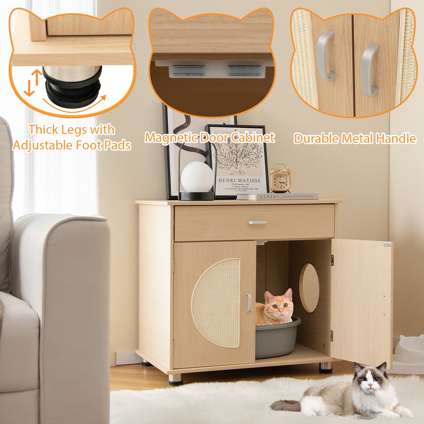 Cat Litter Box Enclosure with Sisal Scratching Doors and Storage, Natural Cat Houses at Gallery Canada
