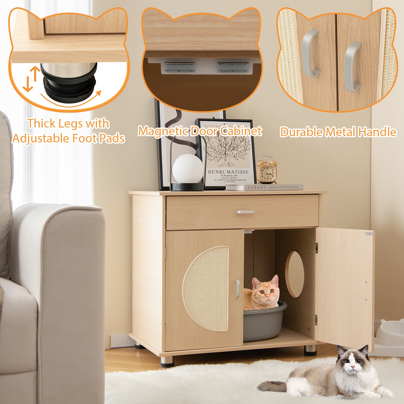 Cat Litter Box Enclosure with Sisal Scratching Doors and Storage, Natural Cat Houses at Gallery Canada