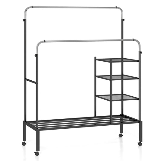 Rolling Double Rods Garment Rack, Height Adjustable Hanging Bars, Silver