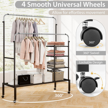 Rolling Double Rods Garment Rack with Height Adjustable Hanging Bars, Silver