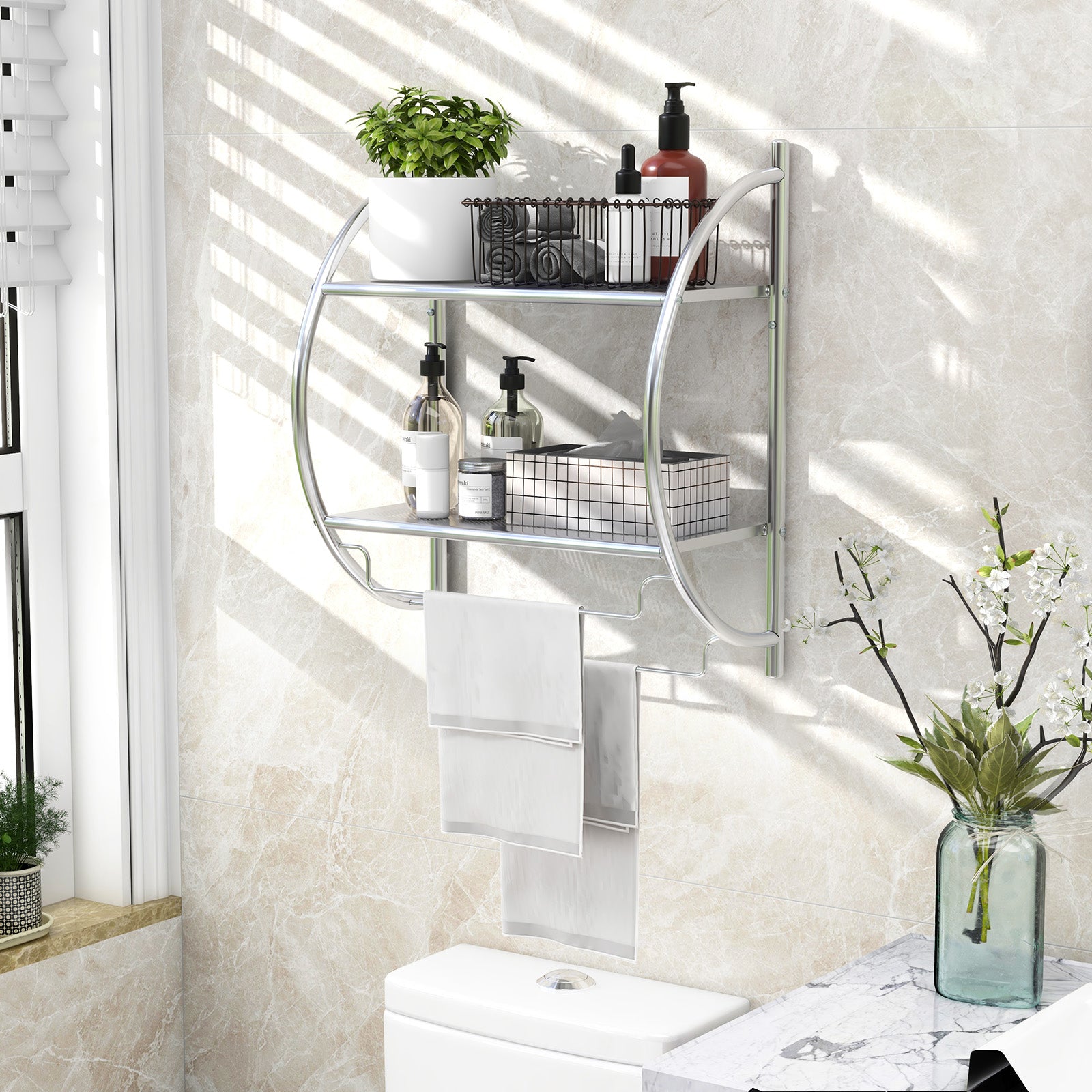 Wall Mounted 2-Tier Bathroom Towel Rack with 2 Towel Bars, Silver Towel Racks at Gallery Canada