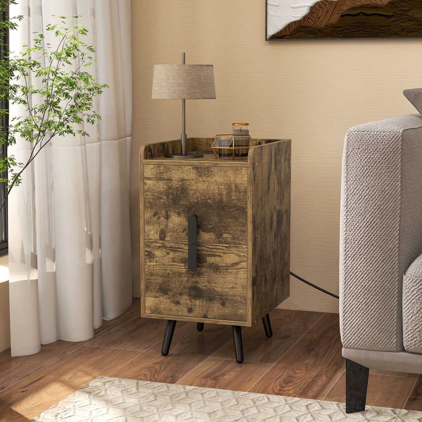 Nightstand Side Tables with 2 Drawers and 2 USB Ports, Rustic Brown Nightstands at Gallery Canada