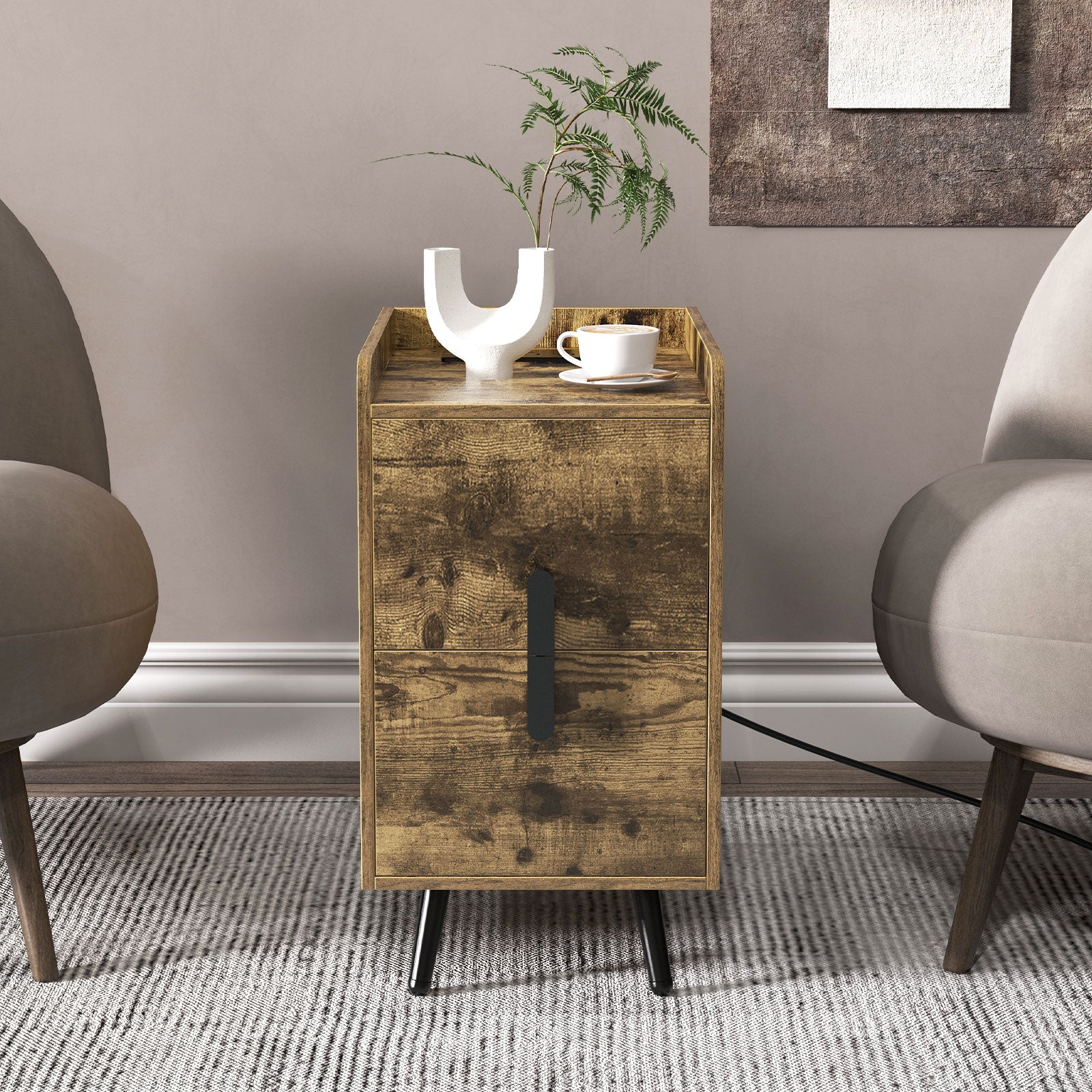 Nightstand Side Tables with 2 Drawers and 2 USB Ports, Rustic Brown Nightstands at Gallery Canada