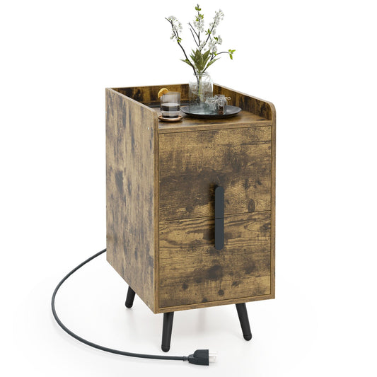 Nightstand Side Tables with 2 Drawers and 2 USB Ports, Rustic Brown