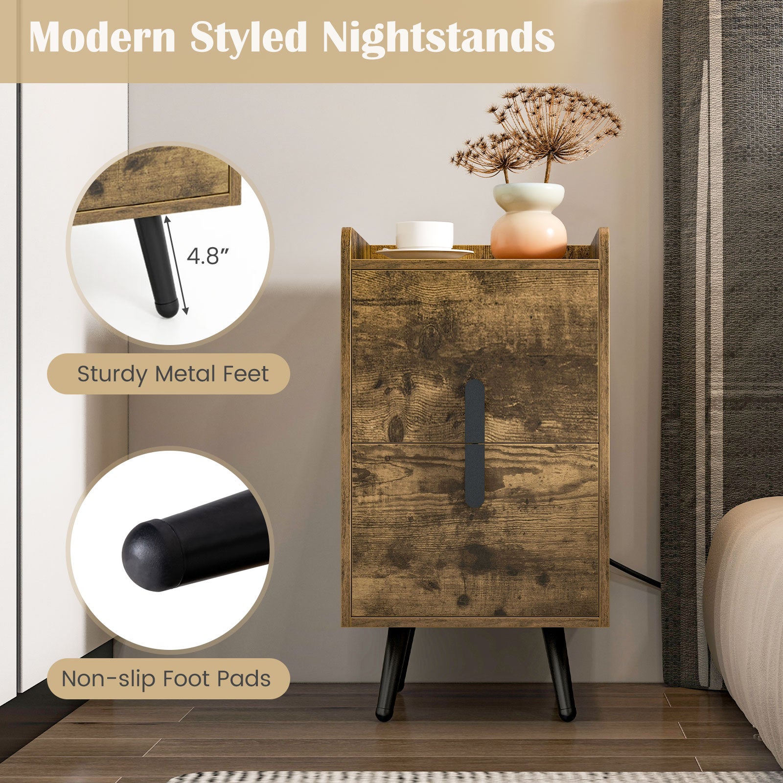 Nightstand Side Tables with 2 Drawers and 2 USB Ports, Rustic Brown Nightstands at Gallery Canada