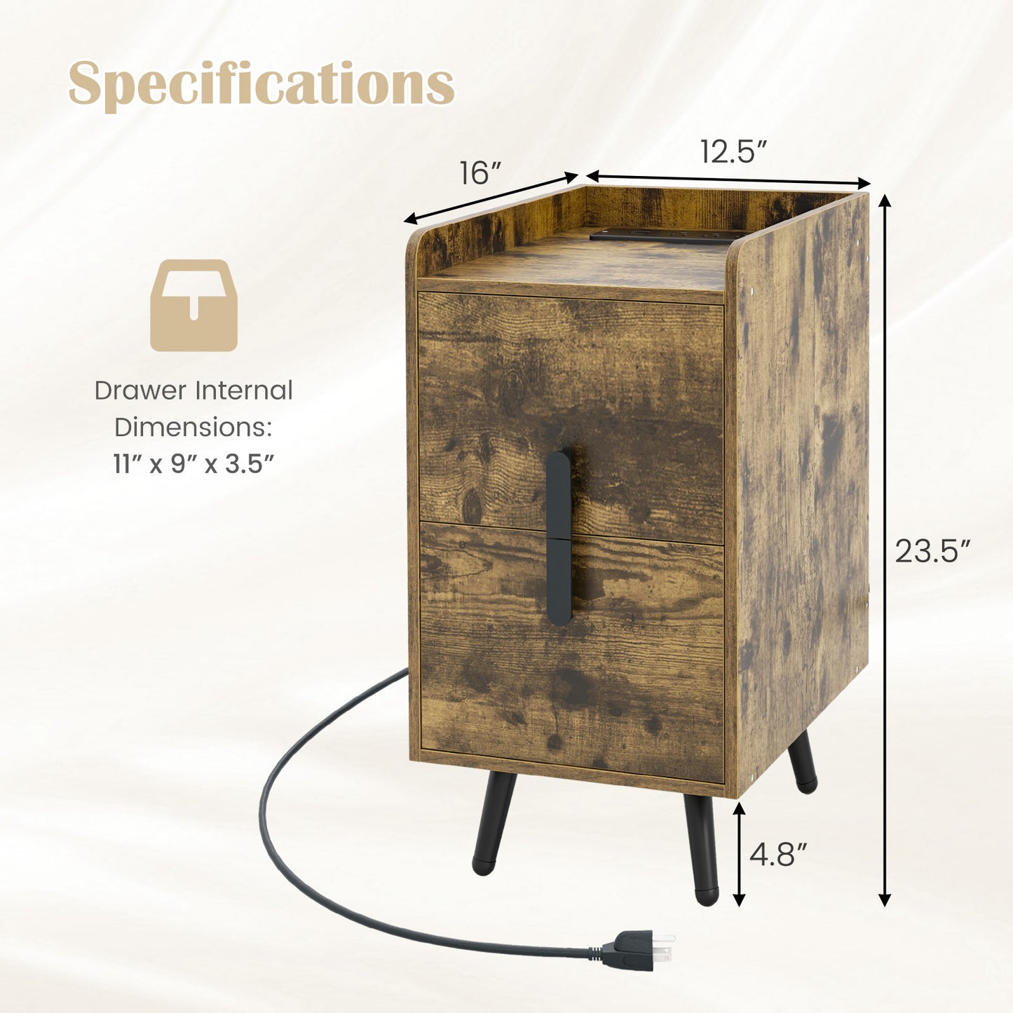 Nightstand Side Tables with 2 Drawers and 2 USB Ports, Rustic Brown Nightstands at Gallery Canada
