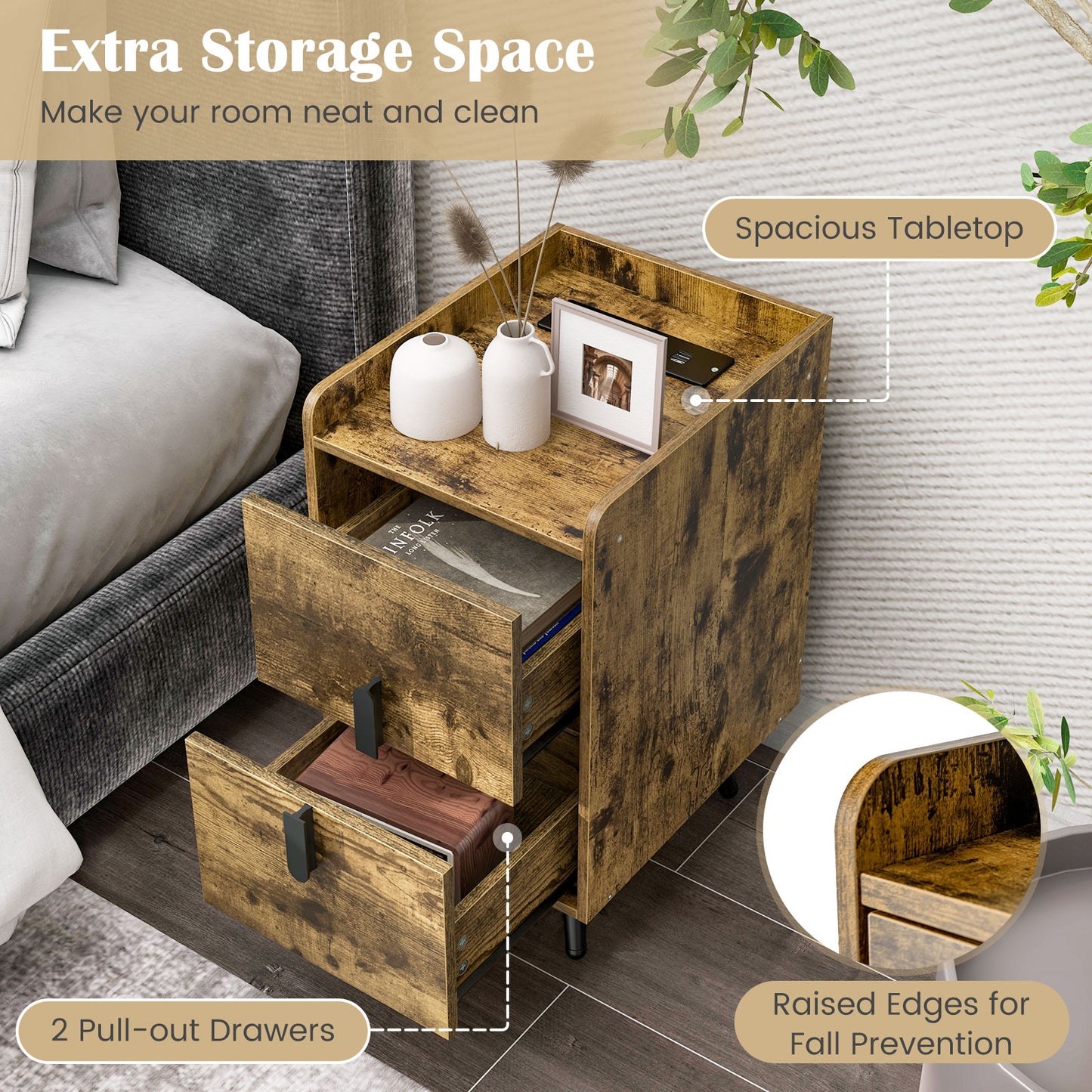 Nightstand Side Tables with 2 Drawers and 2 USB Ports, Rustic Brown Nightstands at Gallery Canada