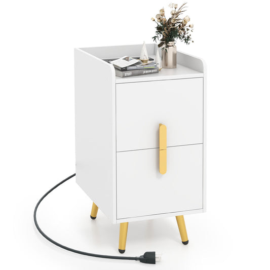 Nightstand Side Tables with 2 Drawers and 2 USB Ports, White