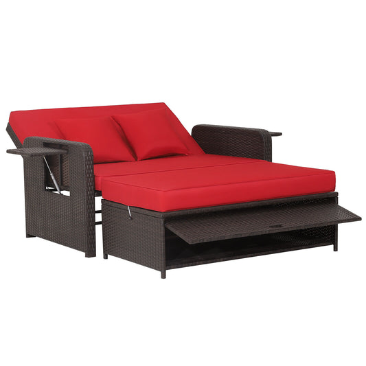 Patio Rattan Lounge Chair Set with 4-Level Adjustable Backrest and Retractable Side Tray, Red Outdoor Sectionals Red at Gallery Canada