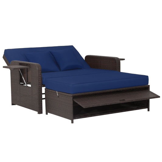 Patio Rattan Daybed with 4-Level Adjustable Backrest and Retractable Side Tray, Navy - Gallery Canada