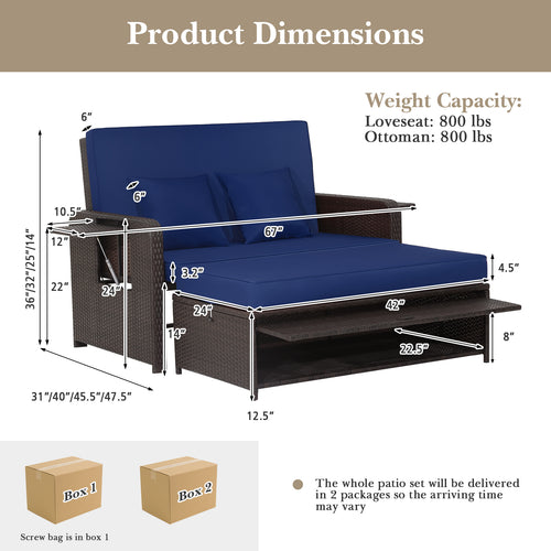 Patio Rattan Daybed with 4-Level Adjustable Backrest and Retractable Side Tray, Navy