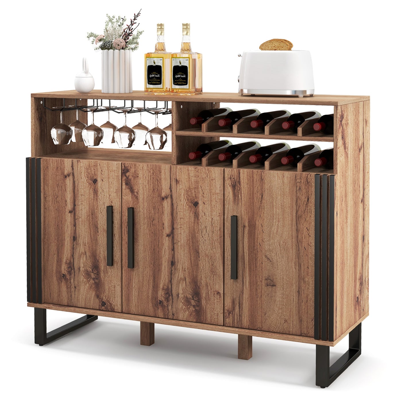 Home Wine Bar Cabinet with 3 Doors and Adjustable Shelves, Brown Wine Racks at Gallery Canada