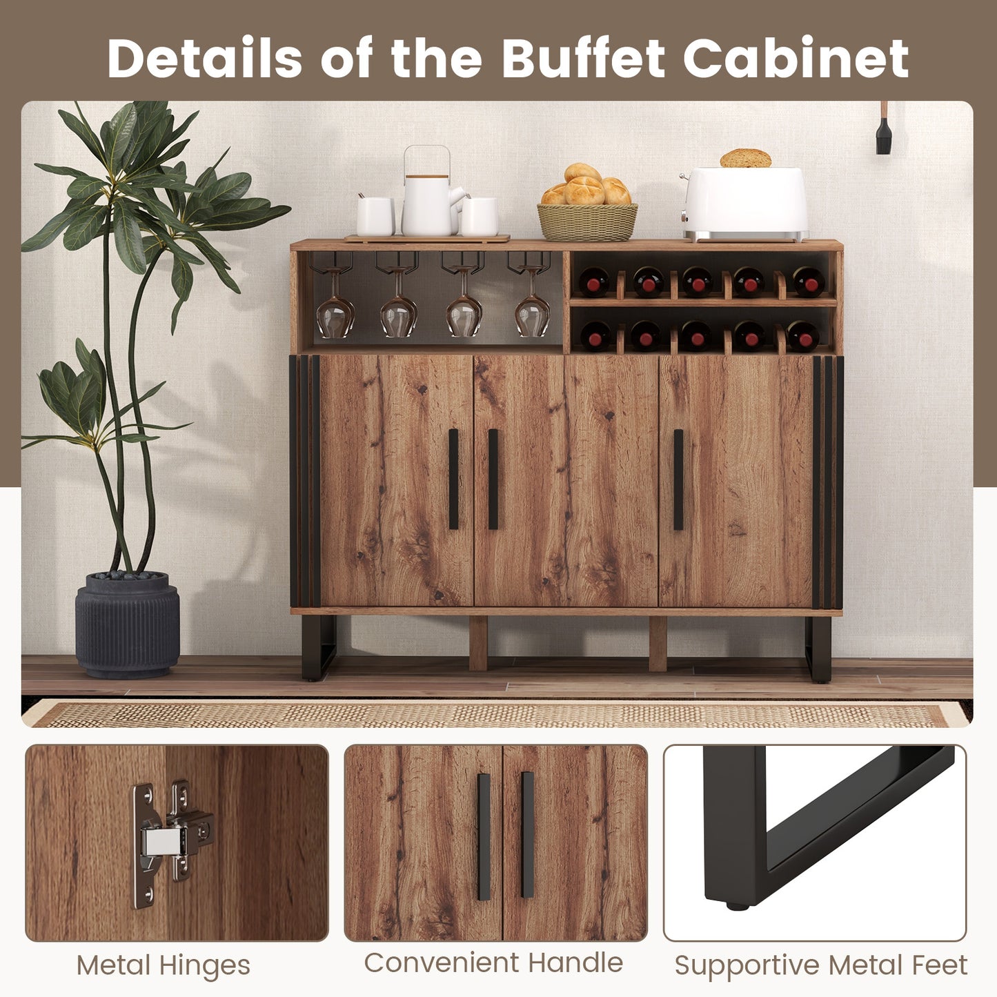 Home Wine Bar Cabinet with 3 Doors and Adjustable Shelves, Brown Wine Racks at Gallery Canada