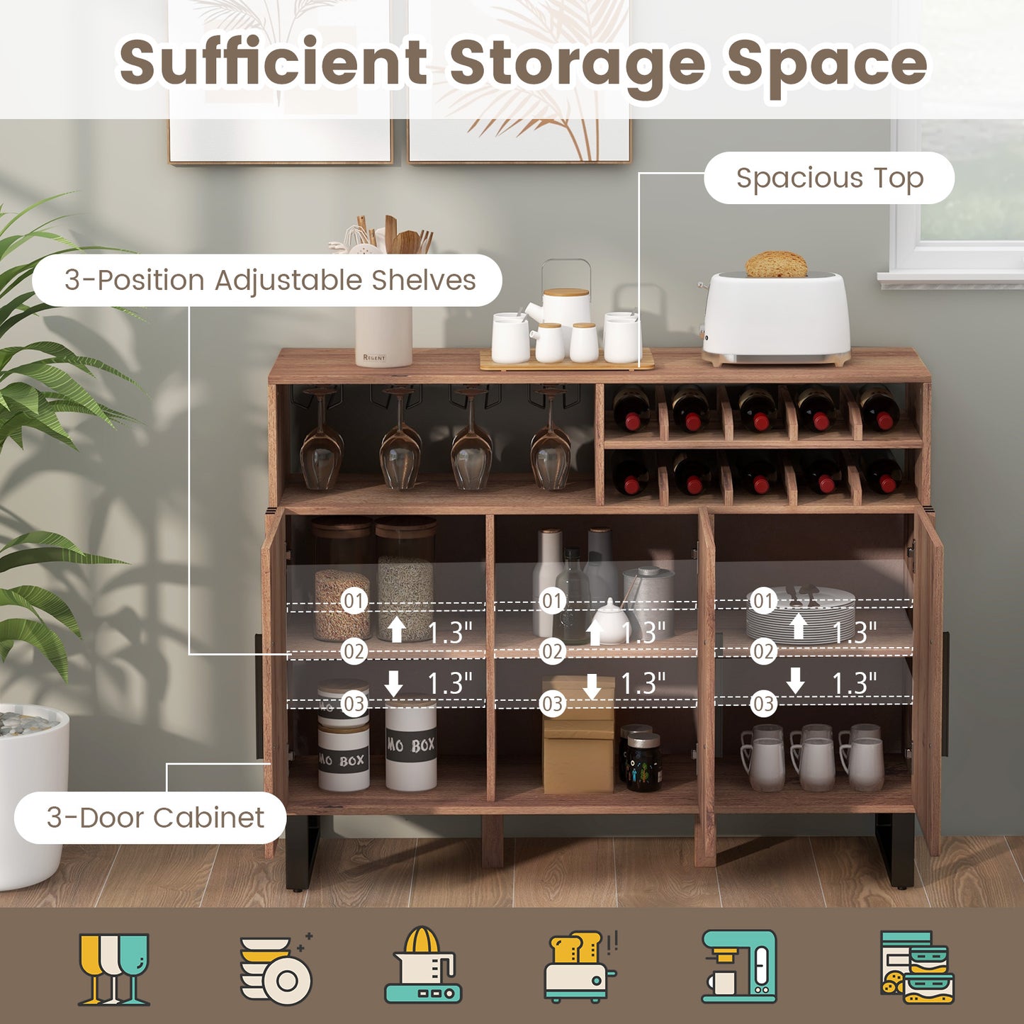 Home Wine Bar Cabinet with 3 Doors and Adjustable Shelves, Brown Wine Racks at Gallery Canada