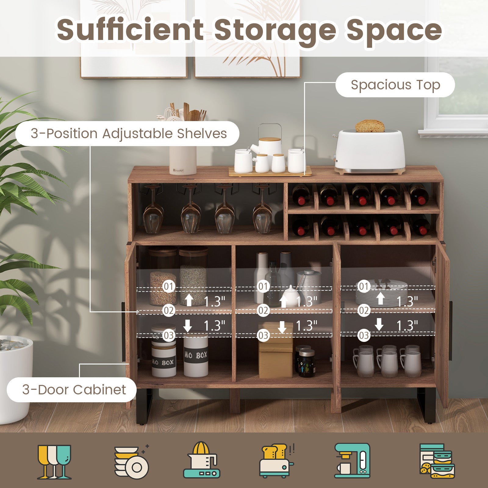 Home Wine Bar Cabinet with 3 Doors and Adjustable Shelves, Brown Wine Racks at Gallery Canada