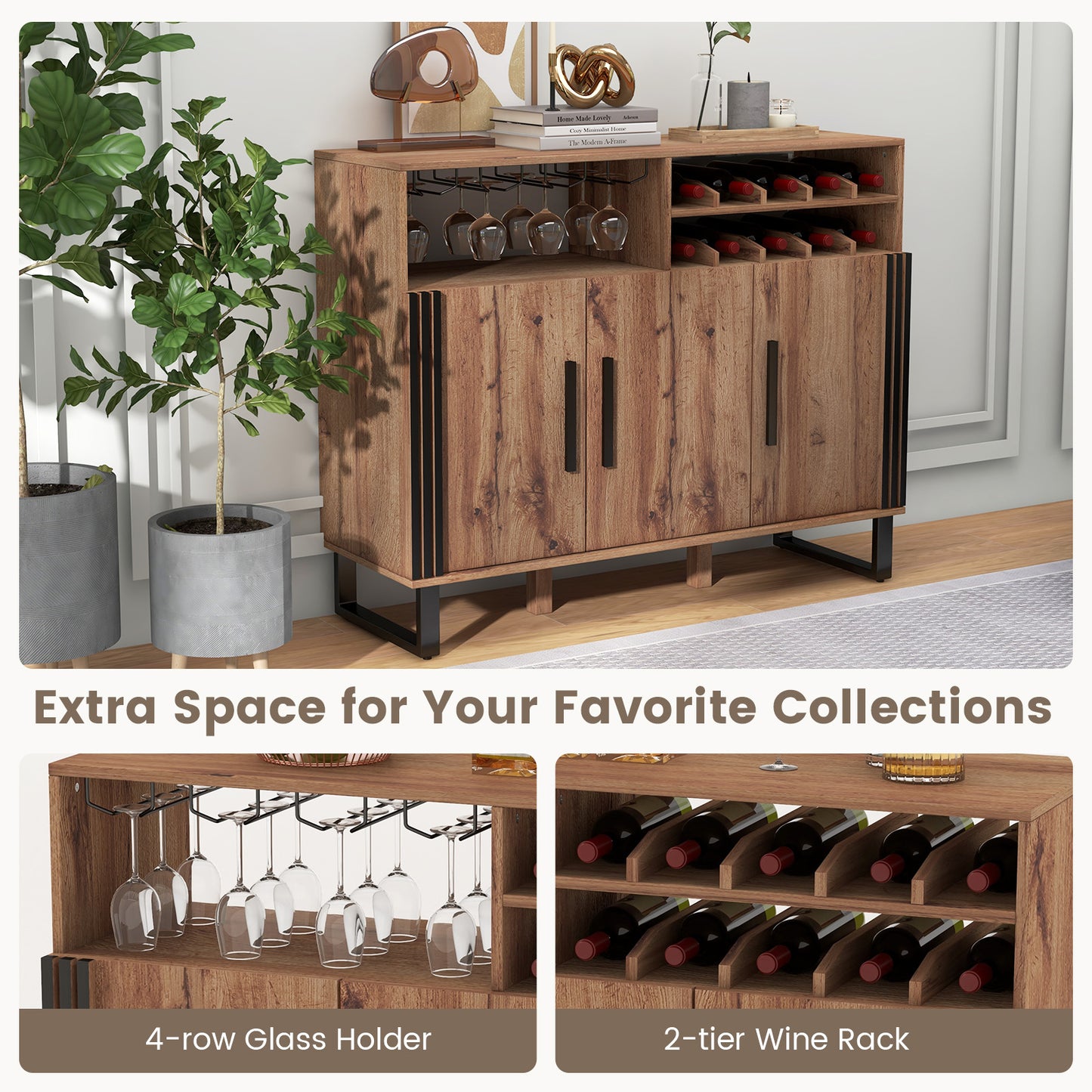 Home Wine Bar Cabinet with 3 Doors and Adjustable Shelves, Brown Wine Racks at Gallery Canada