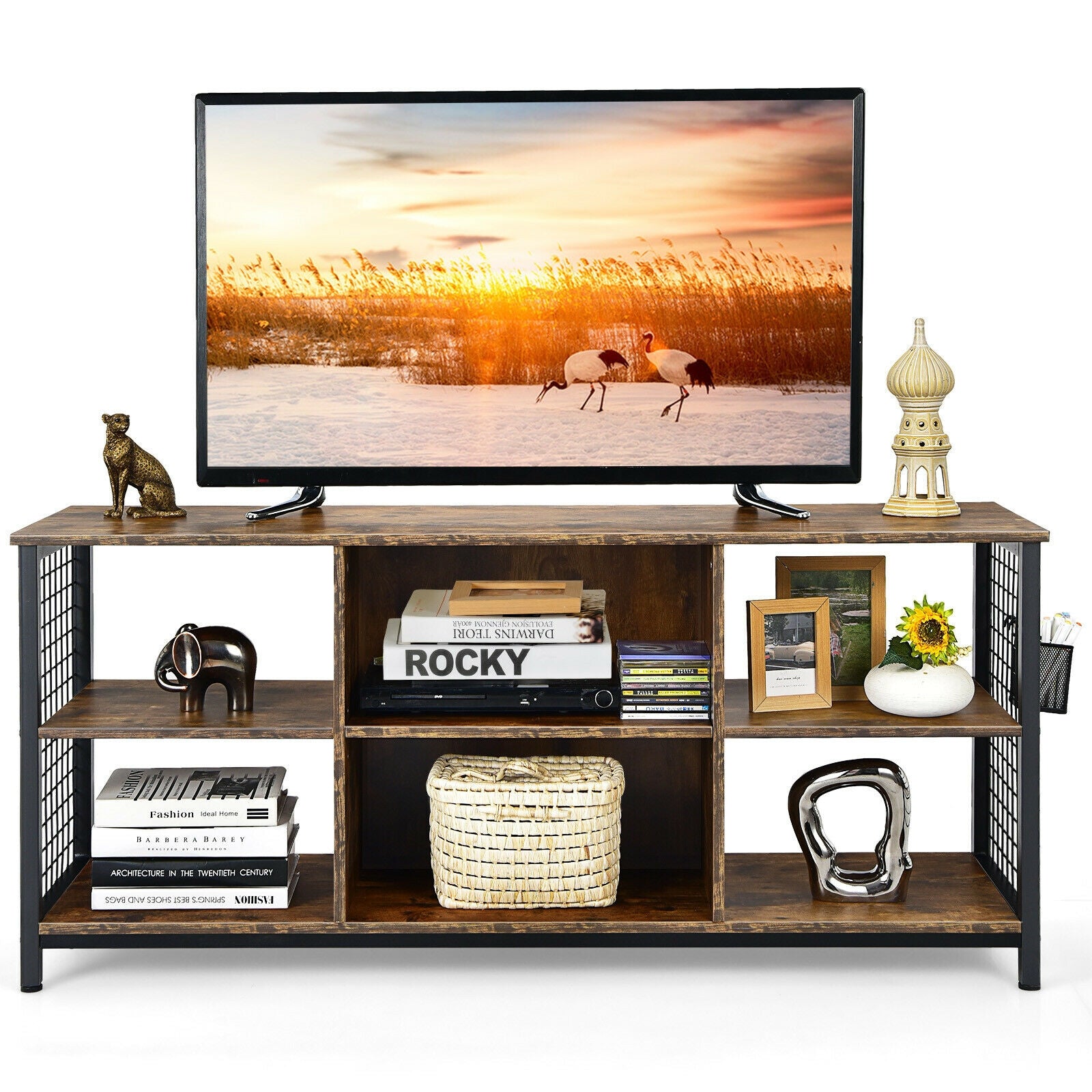 Mid-Century Wooden TV Stand with Storage Basket for TVs up to 65 Inch, Rustic Brown Entertainment Centers & TV Stands Rustic Brown at Gallery Canada
