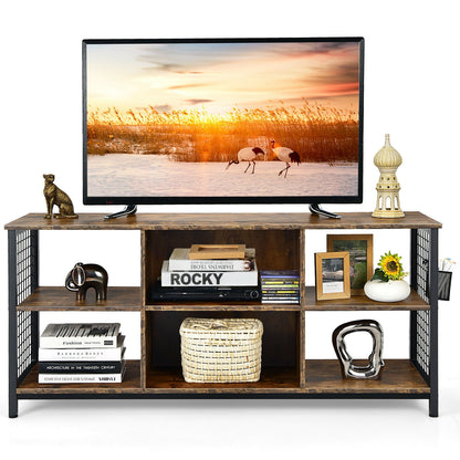 Mid-Century Wooden TV Stand With Storage Basket, 65 Inch, Rustic Brown Entertainment Centers & TV Stands Rustic Brown at Gallery Canada
