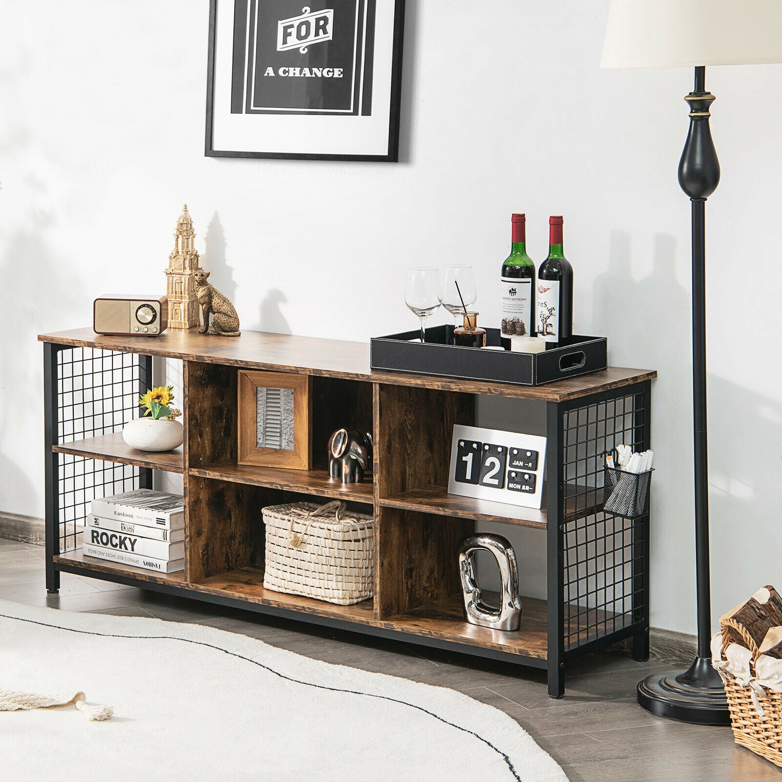 Mid-Century Wooden TV Stand With Storage Basket, 65 Inch, Rustic Brown Entertainment Centers & TV Stands at Gallery Canada