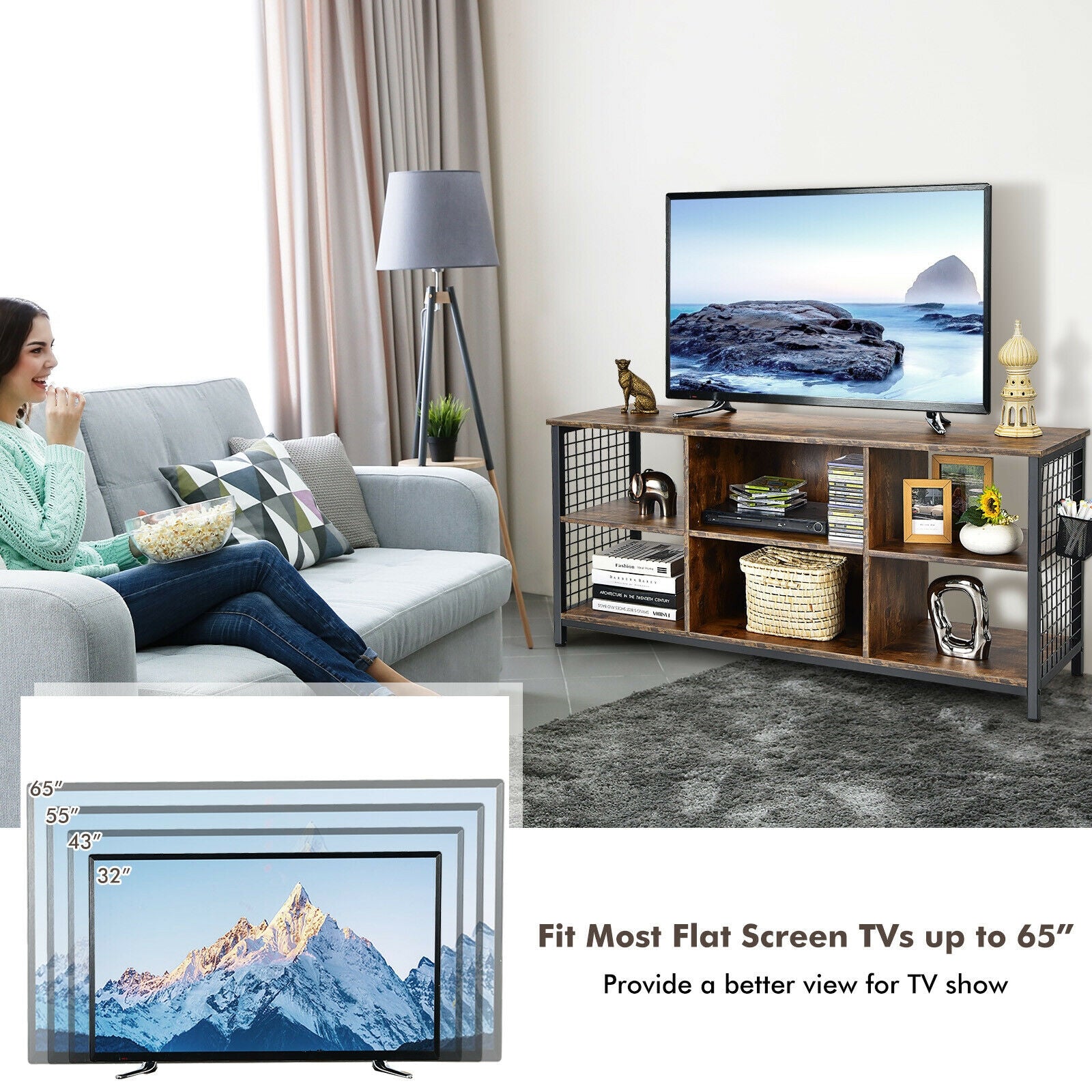 Mid-Century Wooden TV Stand with Storage Basket for TVs up to 65 Inch, Rustic Brown Entertainment Centers & TV Stands at Gallery Canada