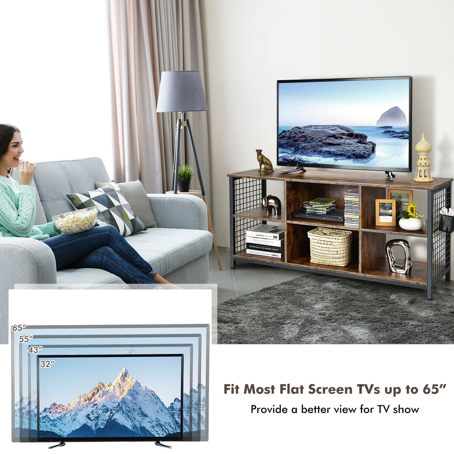 Mid-Century Wooden TV Stand with Storage Basket for TVs up to 65 Inch, Rustic Brown Entertainment Centers & TV Stands at Gallery Canada