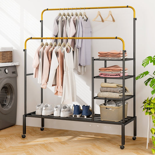 Rolling Double Rods Garment Rack with Height Adjustable Hanging Bars, Golden - Gallery Canada
