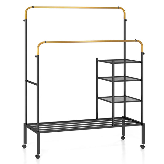 Rolling Double Rods Garment Rack with Height Adjustable Hanging Bars, Golden