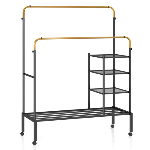 Rolling Double Rod Garment Rack, Height Adjustable, Golden