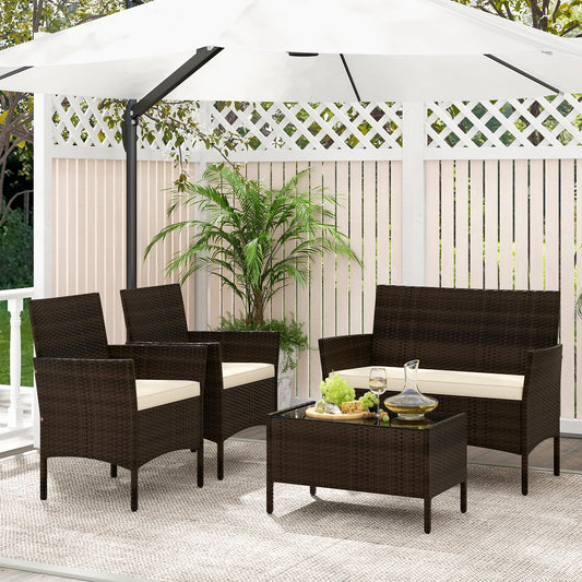 4 Piece Patio Rattan Conversation Set with Cozy Seat Cushions, Beige - Gallery Canada