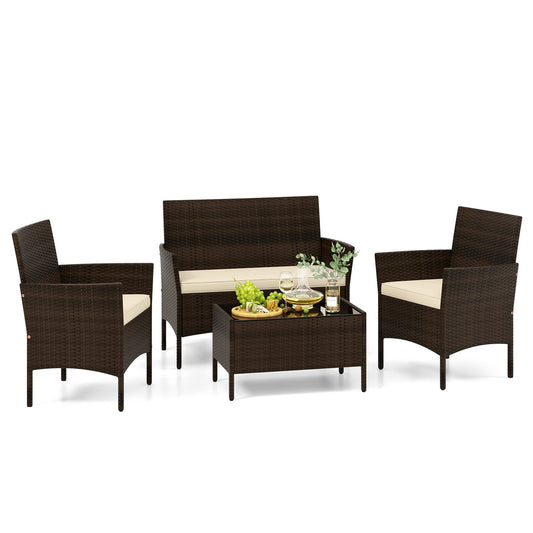 4 Piece Patio Rattan Conversation Set with Cozy Seat Cushions, Beige - Gallery Canada