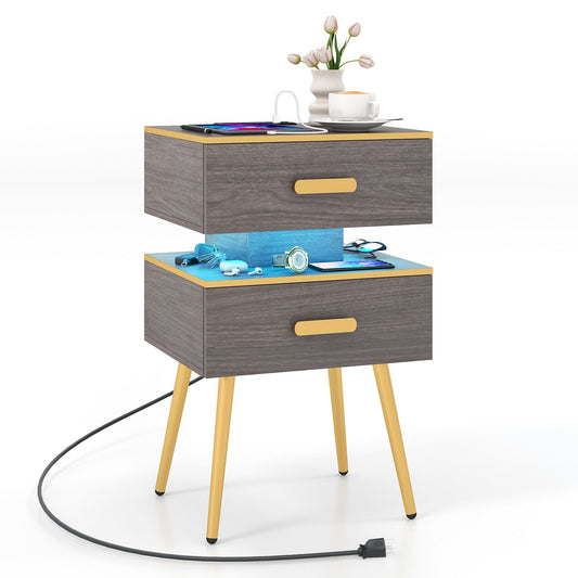 Nightstand Sofa Side Tables with Charging Station and 2 Drawers and LED lights, Gray - Gallery Canada