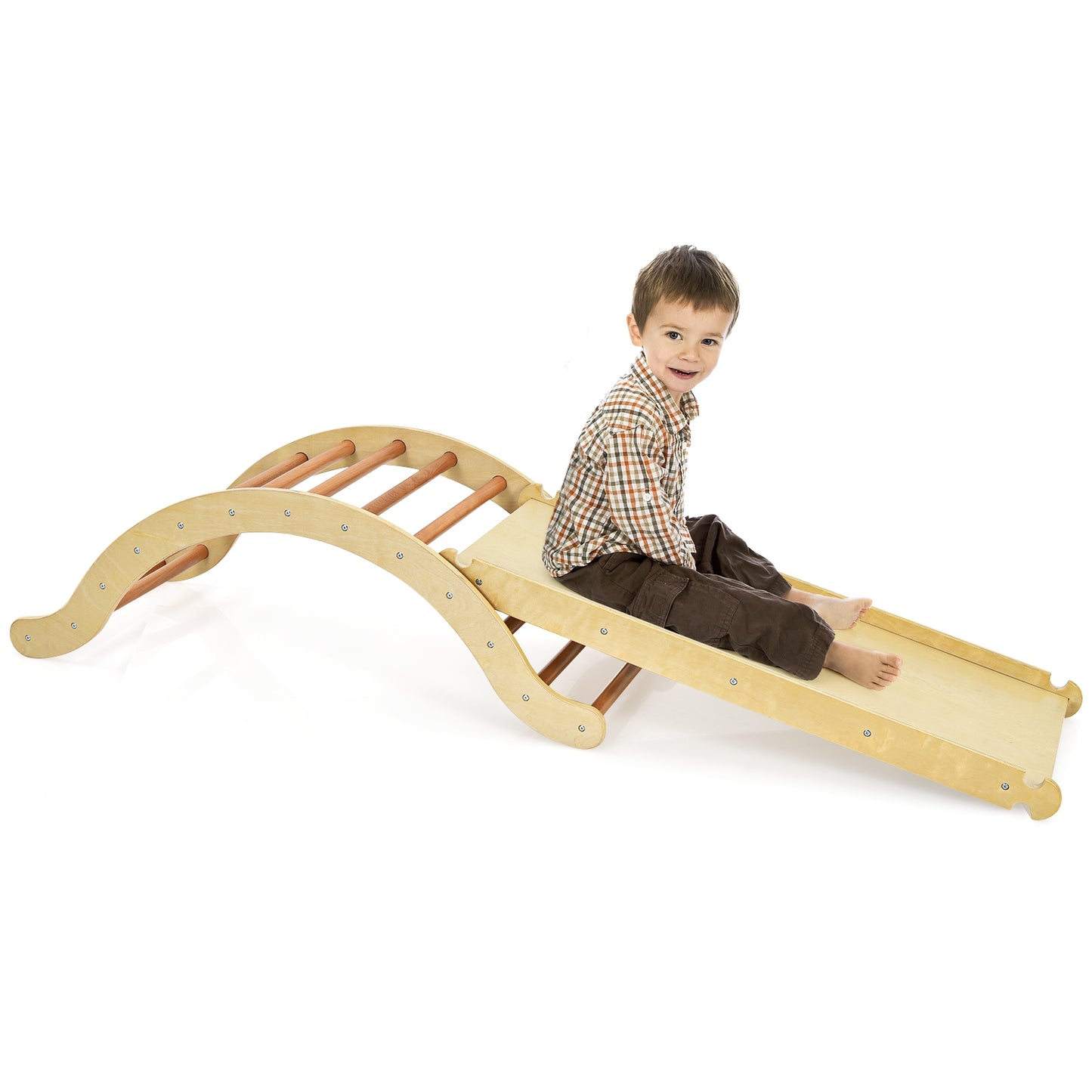 3-in-1 Kids Climber Set Wooden Arch Triangle Rocker with Ramp and Mat, Natural Climbers & Slides at Gallery Canada