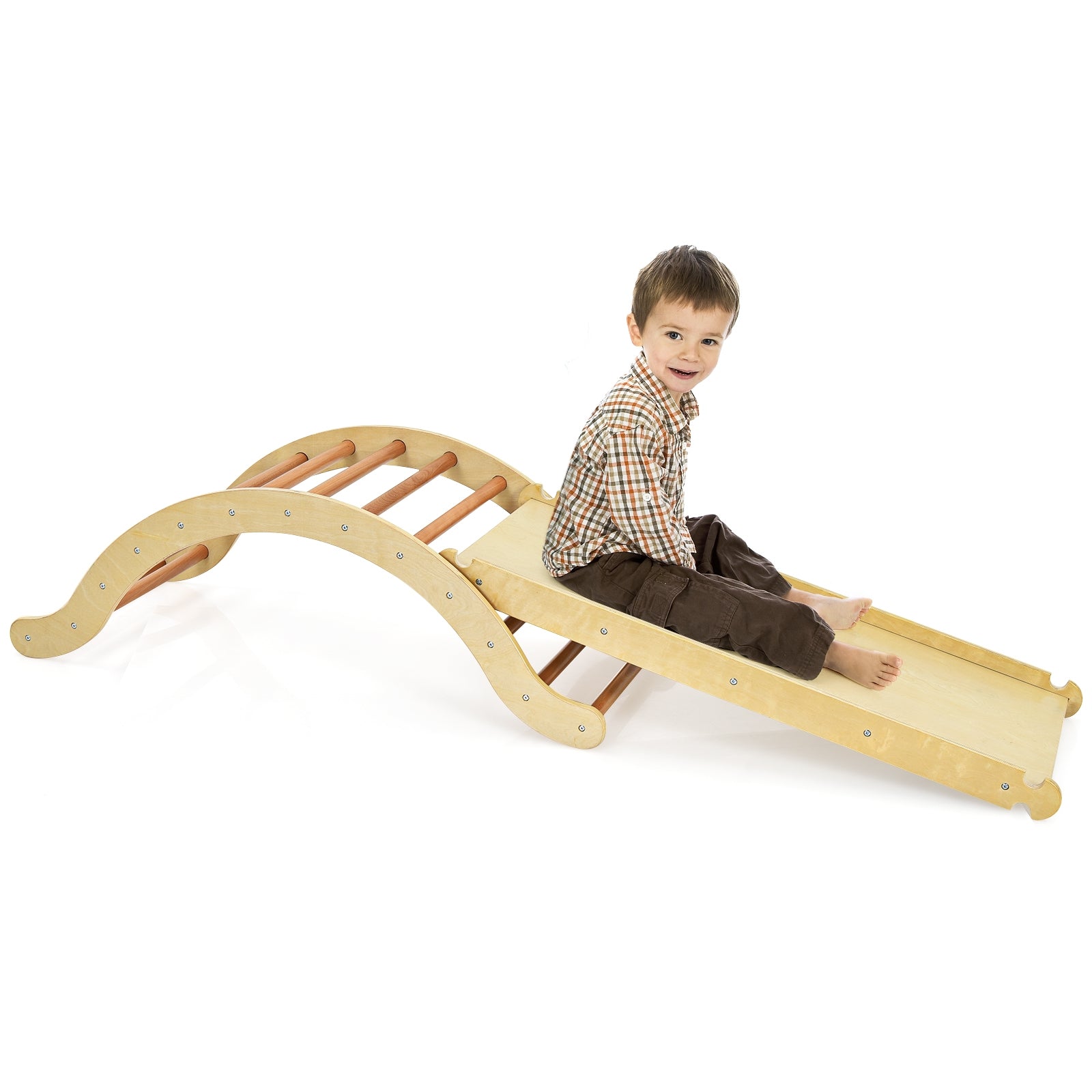 3-in-1 Kids Climber Set Wooden Arch Triangle Rocker with Ramp and Mat, Natural Climbers & Slides at Gallery Canada