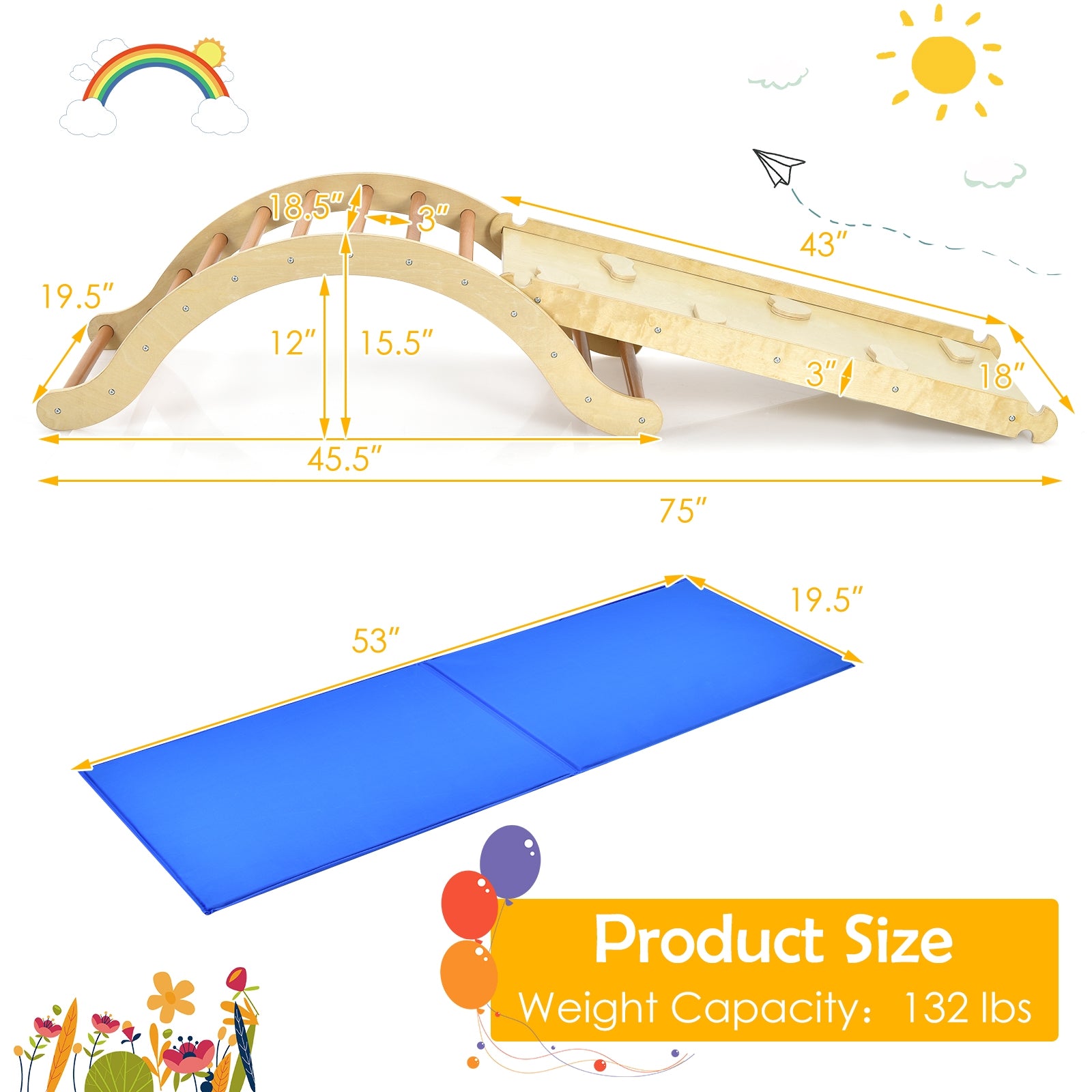 3-in-1 Kids Climber Set Wooden Arch Triangle Rocker with Ramp and Mat, Natural Climbers & Slides at Gallery Canada