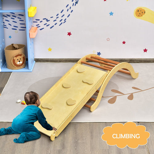 3-in-1 Kids Climber Set Wooden Arch Triangle Rocker with Ramp and Mat, Natural
