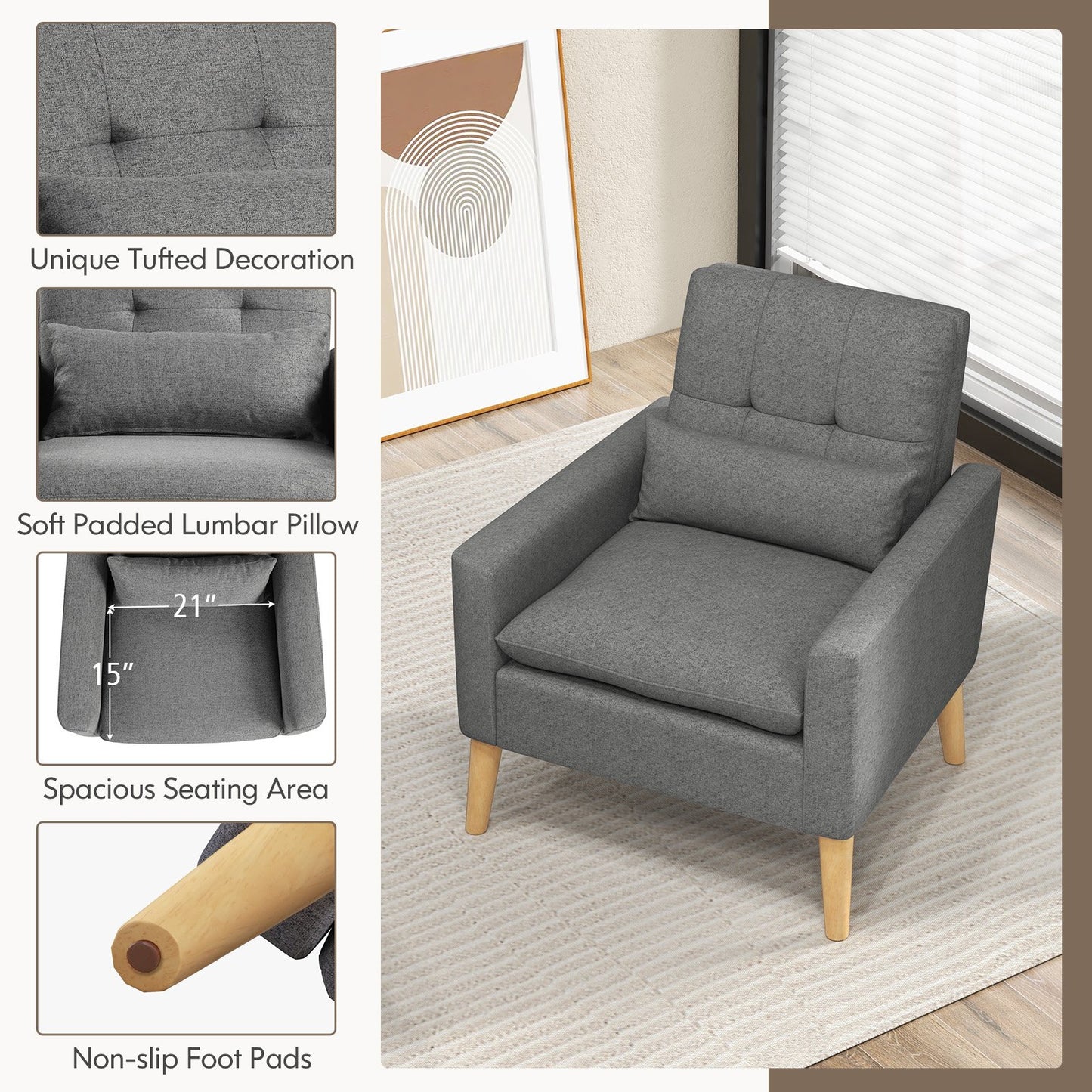 Accent Chair with Lumbar Pillow Natural Rubber Wood Legs Padded Cushions, Gray